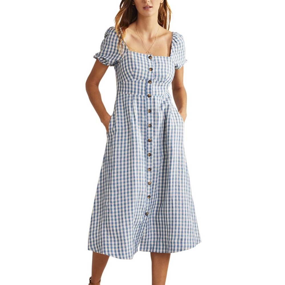 Biden square neck midi linen plaid dress